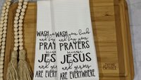 wash your hands and say your prayers funny kitchen towels, Jesus and germs are everywhere Christian gifts for Mom, Bible study gifts for