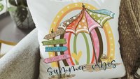 summer vibes throw pillows for couch, beach house decor for kitchen, summer decor for home, beachy rainbow kitchen hand towels, 70s inspired