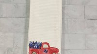 red truck farmhouse kitchen towel for Mom, Texas state flower bluebonnet gifts for women, moving to Texas gifts for her, wildflower hand