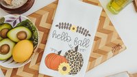hello fall kitchen towel set, leopard pumpkin decor, sunflower gifts for Mom, new apartment gift for her, fall decorations for home, October