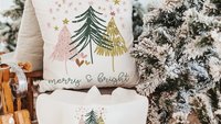 merry and bright Christmas throw pillow for couch, boho Christmas decor, Christmas gift set for women, pink Christmas kitchen towel, secret