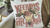 yeehaws and hellnaws boho throw pillows for couch, college dorm decor for girls, southwestern decor for home, floral skull dorm pillows for