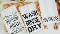 wash your hands and say your prayers funny kitchen towels, Jesus and germs are everywhere Christian gifts for Mom, Bible study gifts for