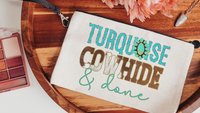 turquoise cowhide cosmetic bag for women, western makeup bag for purse, country bridesmaid gifts set of 6, western bridal shower favors best