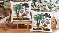 flamingle and jingle flamingo Christmas throw pillows for sofa, white elephant gifts funny Christmas kitchen towels, palm tree Christmas