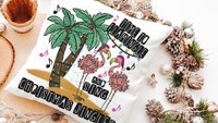 flamingle and jingle flamingo Christmas throw pillows for sofa, white elephant gifts funny Christmas kitchen towels, palm tree Christmas