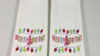 merry and bright Christmas kitchen towels for gifts, colorful Christmas hand towels for bathroom, stocking stuffers for her, pink Christmas