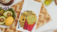 I speak fluent french fries funny kitchen towels, foodie gift, taco kitchen hand towels, fiesta kitchen decor, pizza gifts for her, taco