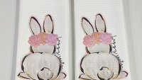 happy Easter kitchen towels for friends, pink coquette Easter bunny floral kitchen decor, Easter basket stuffers for women, whimsical Easter