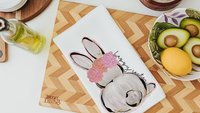 happy Easter kitchen towels for friends, pink coquette Easter bunny floral kitchen decor, Easter basket stuffers for women, whimsical Easter