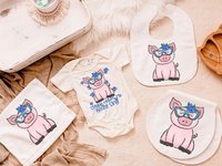 CapableByDesign pig baby bodysuit, bib, peanut burp cloth, and carry with me lovey blanket