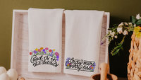 pray more worry less floral kitchen towels for Mom, inspirational Christian kitchen decor, godmother gifts from goddaughter, wildflower dish