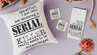 detective book reading nook pillow, dark humor gift set for best friend, serial killers and chill true crime gifts for women, funny coasters