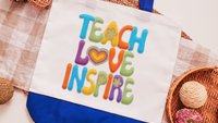 teach love inspire hippie tote bag for school, cute teacher appreciation gift from class, first year teacher gifts for women, whimsical tote