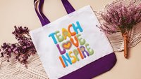 teach love inspire hippie tote bag for school, cute teacher appreciation gift from class, first year teacher gifts for women, whimsical tote