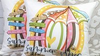 summer vibes throw pillows for couch, beach house decor for kitchen, summer decor for home, beachy rainbow kitchen hand towels, 70s inspired