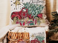 have a holly jolly Christmas throw pillows for couch with insert, farmhouse Christmas gift set for women, red truck Christmas ornaments wood