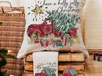 have a holly jolly Christmas throw pillows for couch with insert, farmhouse Christmas gift set for women, red truck Christmas ornaments wood