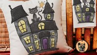 haunted house spooky cute Halloween kitchen towels, whimsigoth decor, whimsical Halloween gift set for women, black cat Halloween decor for