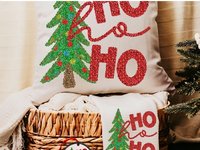 ho ho ho Christmas tree throw pillow for sofa, Christmas housewarming gift set for women, faux sequin Christmas kitchen towels, secret Santa