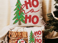 ho ho ho Christmas tree throw pillow for sofa, Christmas housewarming gift set for women, faux sequin Christmas kitchen towels, secret Santa