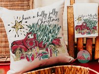 have a holly jolly Christmas throw pillows for couch with insert, farmhouse Christmas gift set for women, red truck Christmas ornaments wood