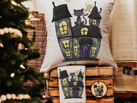 Halloween haunted house pillow, towel, and ornament gift set