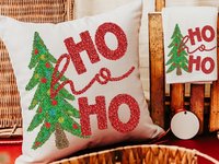 ho ho ho Christmas tree throw pillow for sofa, Christmas housewarming gift set for women, faux sequin Christmas kitchen towels, secret Santa