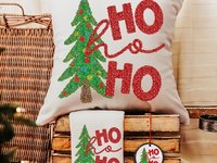 ho ho ho Christmas tree throw pillow for sofa, Christmas housewarming gift set for women, faux sequin Christmas kitchen towels, secret Santa