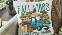 fall vibes and hayrides fall throw pillow covers 18 x 18, blue truck and pumpkin pillows for couch, sunflower gifts for women, autumn decor