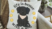 life is better with a dog throw pillows for sofa, black lab gifts, dog lover gift for women, black labrador decor, cute dog gifts for owners