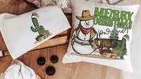 wild west cowboy snowman cute Christmas throw pillows for sofa, country western Christmas decor, cactus Christmas kitchen towel, funny