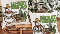 wild west cowboy snowman cute Christmas throw pillows for sofa, country western Christmas decor, cactus Christmas kitchen towel, funny