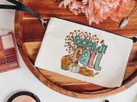 beautiful fall makeup bags best sellers, fall style gift, autumn leaves cosmetic bag for women, fall host gift, pumpkin season gift, zipper