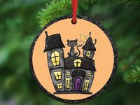 haunted house ornament for tree, black cat Halloween tree ornaments, spooky cute Halloween gift set for women, October birthday gifts for