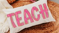 pink teach lumbar pillow for chair, cute teacher appreciation gifts for preschool teachers, kindergarten teacher office, best gifts for