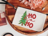 ho ho ho Christmas wristlet with strap, faux sequin Christmas tree Christmas makeup bag for women, unique stocking stuffers mom Christmas
