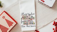 personalized Merry Christmas kitchen towels, custom small town Christmas kitchen hand towels, unique Christmas wedding gift for couple, best