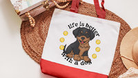 Life is better with a dog, rottweiler tote bag