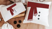 buffalo plaid snowman throw pillow for sofa, snowman Christmas housewarming gift set for couple, farmhouse Christmas kitchen towels, cute