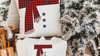 buffalo plaid snowman throw pillow for sofa, snowman Christmas housewarming gift set for couple, farmhouse Christmas kitchen towels, cute