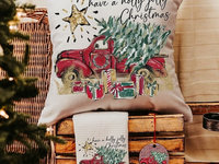 have a holly jolly Christmas throw pillows for couch with insert, farmhouse Christmas gift set for women, red truck Christmas ornaments wood