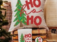 ho ho ho Christmas tree throw pillow for sofa, Christmas housewarming gift set for women, faux sequin Christmas kitchen towels, secret Santa