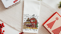 deck the halls farm Christmas kitchen towels for winter, cute Christmas hostess gifts for women, funny stocking stuffers for adult, red barn