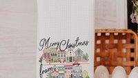 personalized Merry Christmas kitchen towels, custom small town Christmas kitchen hand towels, unique Christmas wedding gift for couple, best