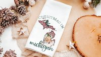 custom state Christmas kitchen towels for friends, Santa Claus Christmas throw pillows for sofa, Michigan Christmas gifts for neighbors