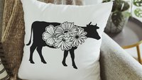 floral cow throw pillows for couch, black and white farmhouse decor living room throw pillow covers 18x18, cute cow gifts for cow lovers
