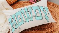 howdy throw pillow for couch, country western nursery decor, turquoise bandana print lumbar pillow, cowgirl baby shower gifts, rocking chair