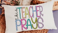 this teacher prays lumbar pillow for chair, Sunday school teacher gifts for women, Christian school teacher classroom decor, prayer pillow