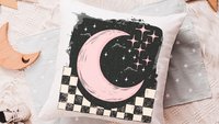 blush pink crescent moon throw pillow for kids room, outer space nursery decor, spacecore reading nook pillow for girls, college dorm decor
